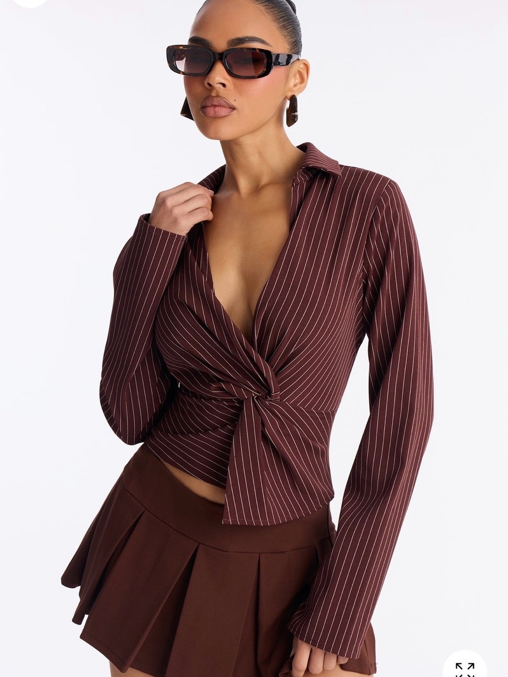 Brand New | Striped Knot-Front Long Sleeve Top in Chocolate Brown
